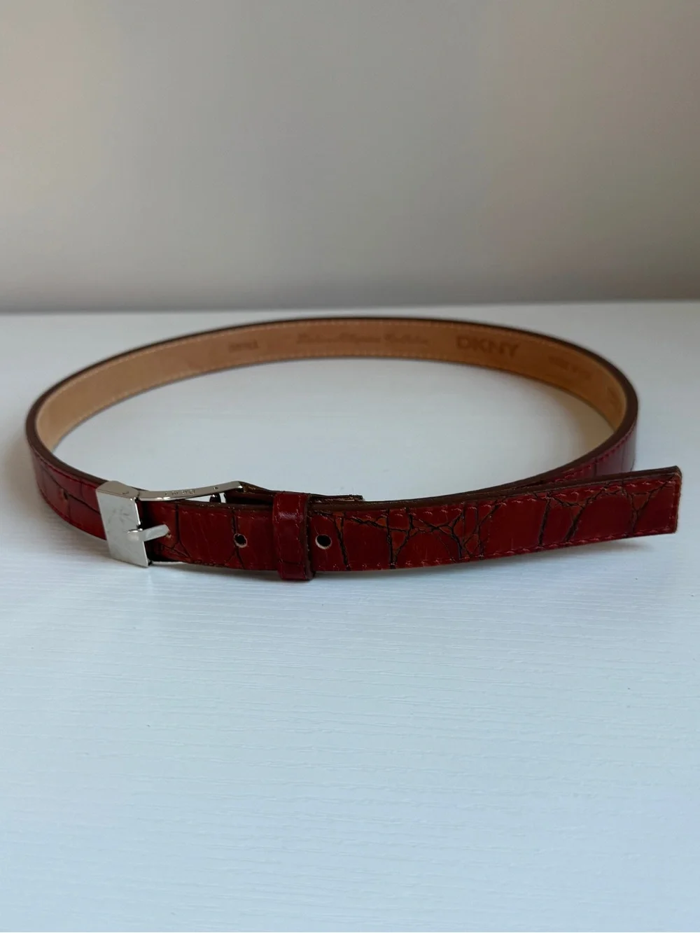 Vintage DKNY Embossed Red Calf Leather Belt Silver Buckle USA Ladies Small